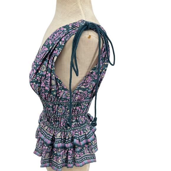 Omika Adaline Top Sleeveless Smocked Peplum Floral Print Blue Pink Green Size XS - Picture 7 of 9